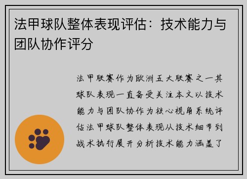 法甲球队整体表现评估：技术能力与团队协作评分
